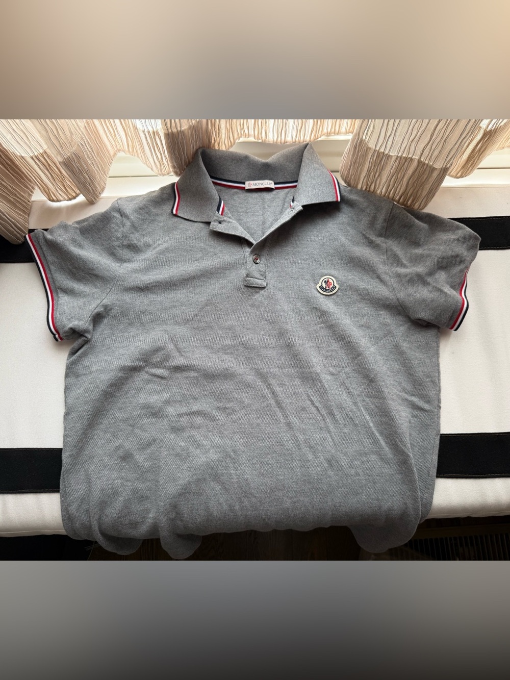 Moncler Grey Polo Shirt Logo Patch Tricolor Trim Cotton Piqué Size S Classic